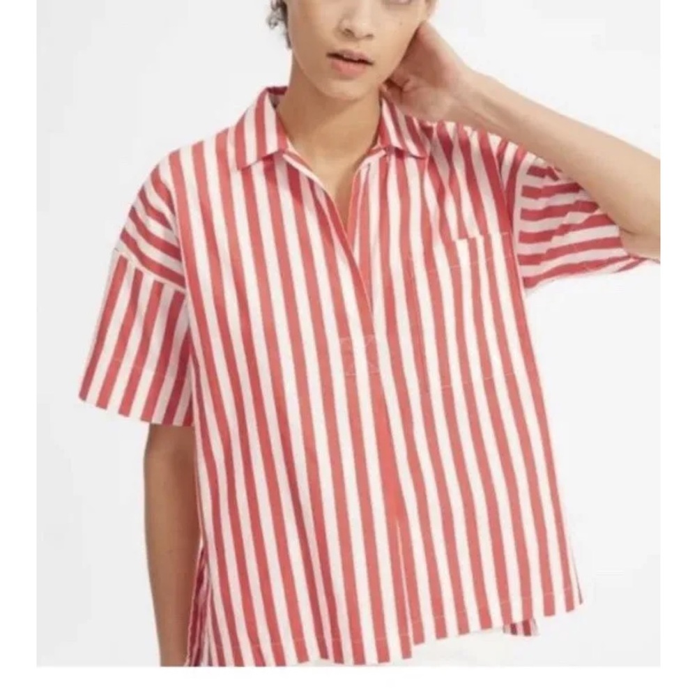 Everlane The Cotton Short-Sleeve Striped Popover Shirt Sz 8 M
